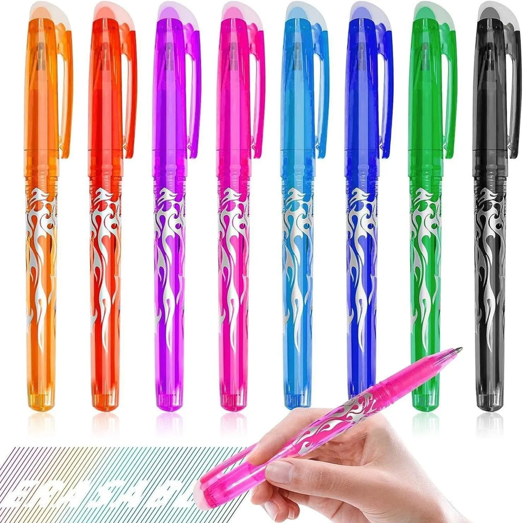 Set of hot erasable gel pens with plastic bodies and stainless steel nibs, showing multiple coloured barrels.