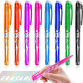 Set of hot erasable gel pens with plastic bodies and stainless steel nibs, showing multiple coloured barrels.