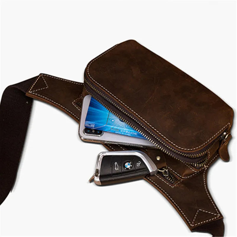 Brown top layer cowhide men's sports waist bag with mobile phone compartment