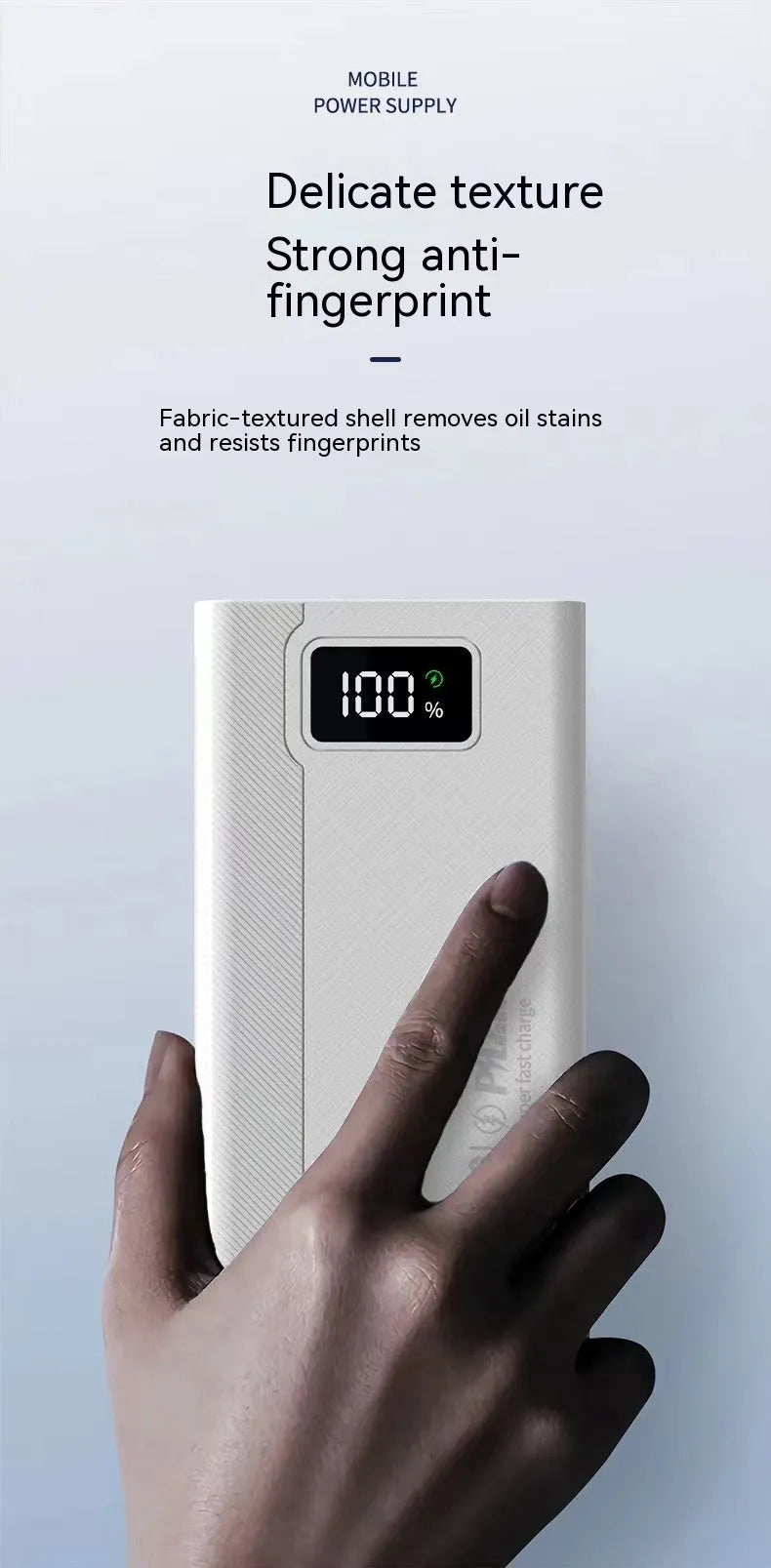 Large capacity black or white plastic power bank with fast charging support.