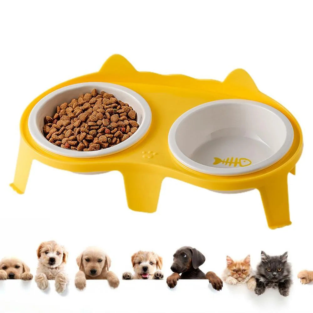 Ceramic cat food and water bowl set on elevated tilted ABS plastic stand in blue colour