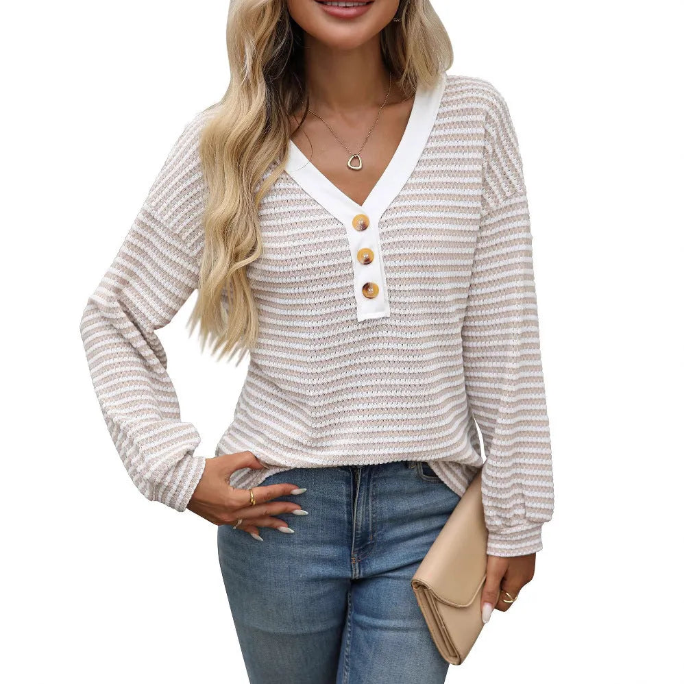 Women's V-neck patchwork pullover top in polyester with long sleeves and loose fit