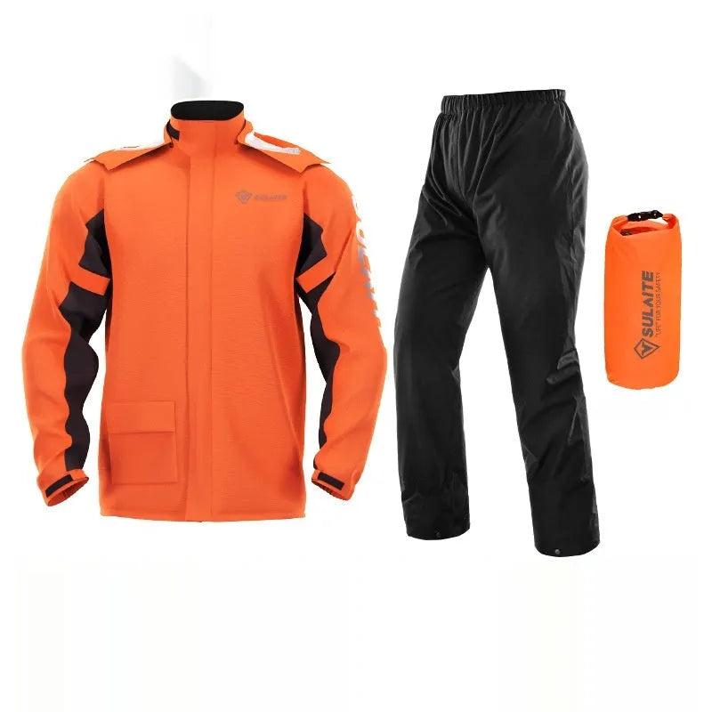 Motorcycle rain suit comprising a black split-style raincoat and rain pants with hidden shoe covers and storage bag.