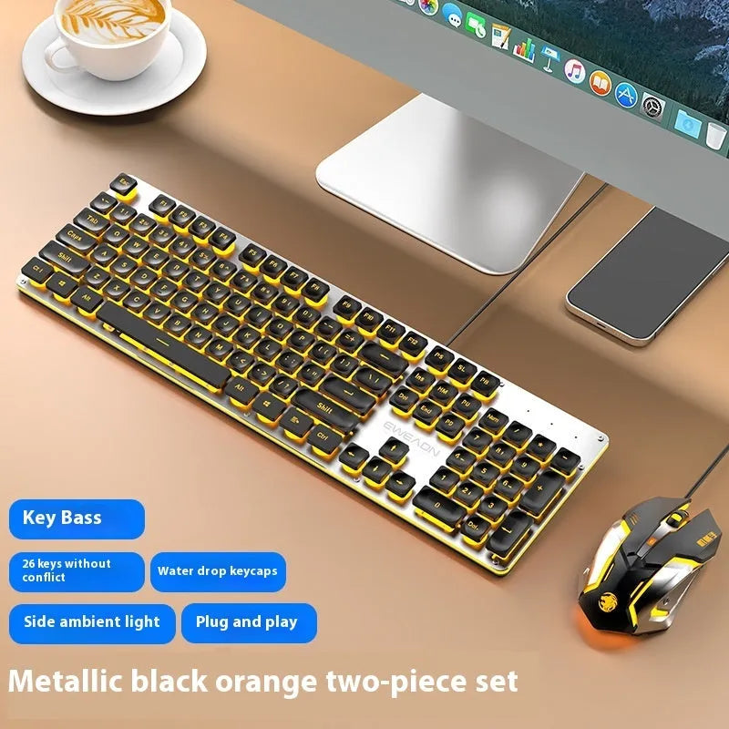 Wired computer keyboard with mute button and blue backlighting on a desk