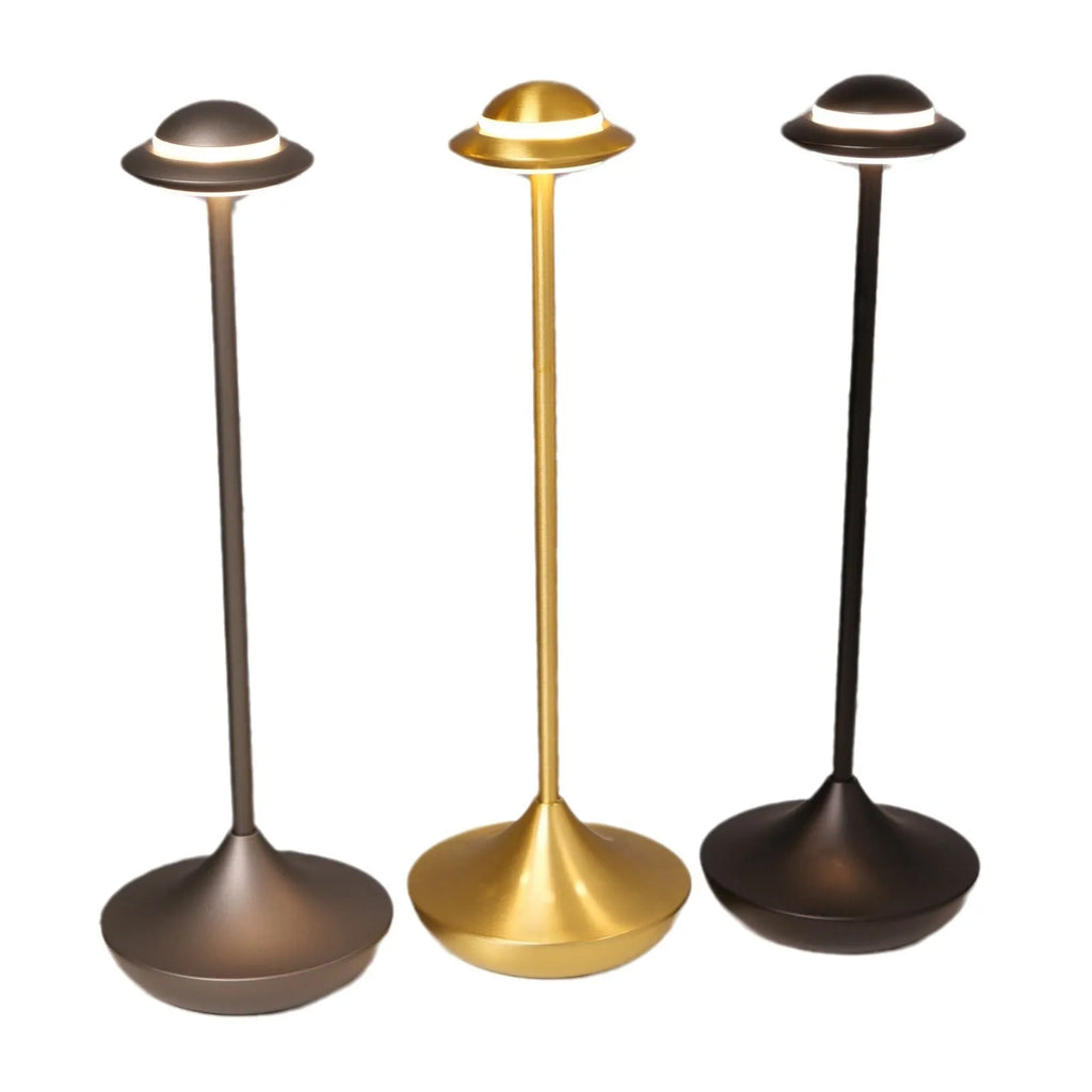 Metal UFO table lamp with rechargeable battery and touch dimming controls in gold finish