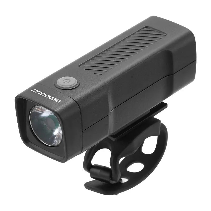 Black USB rechargeable bicycle headlight with quick-release strap mount