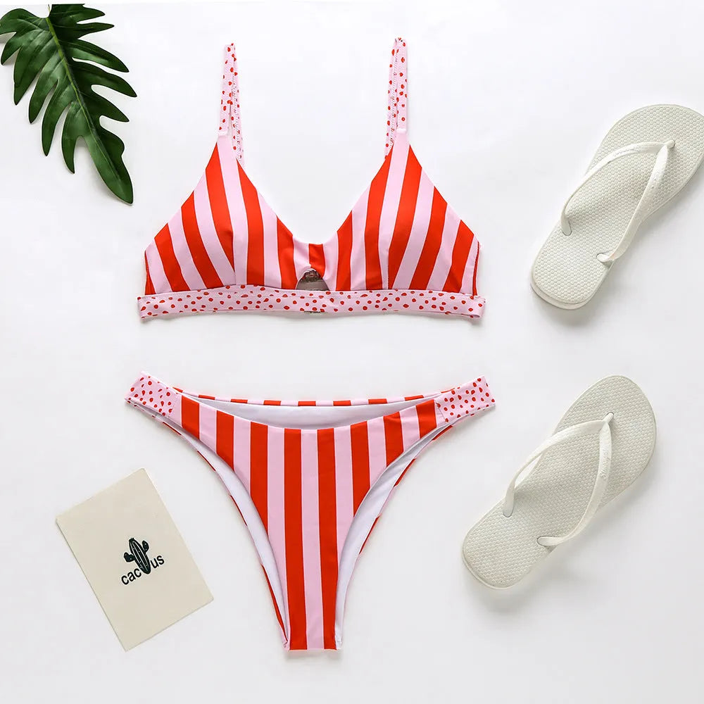Women's bikini swimwear set in polyester fabric with choice of dots or stripes patterns