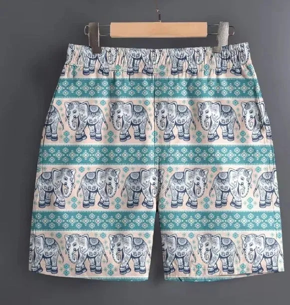 Men's polyester outdoor sports shorts in multiple patterns including stripes and camouflage