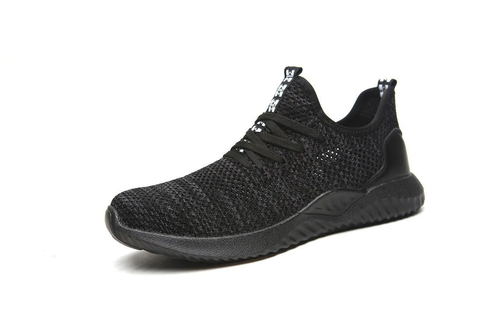A pair of low-top work safety shoes with a steel toe cap, shown in black, grey, or dark green.