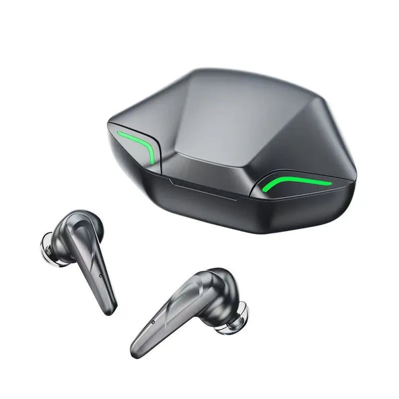 Wireless Bluetooth gaming headset with portable charging case in black, grey, white, or yellow colours.