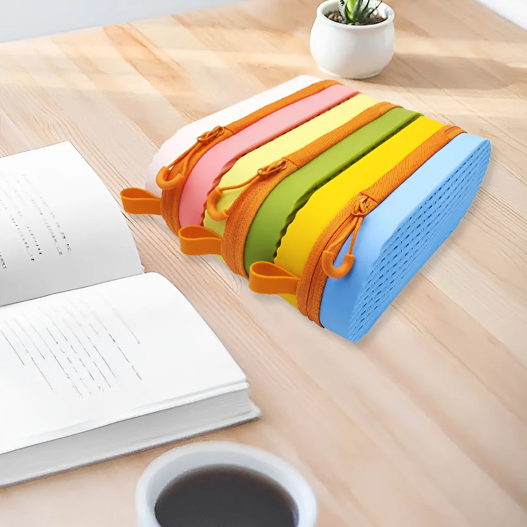 A rectangular silicone glasses case in rose red light purple, showing its slim 200mm x 80mm x 50mm profile.