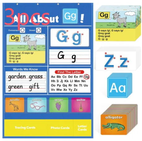 Blue alphabet learning sleeve table with word and letter cards laid out on its wipeable PVC surface.