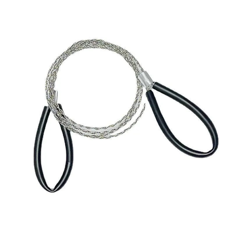 Survival wire saw with leather hand case showing steel wire construction and compact design