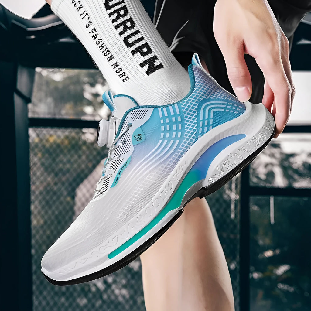 Low-top mesh sneaker with rotating buckle closure in black and blue colour combination