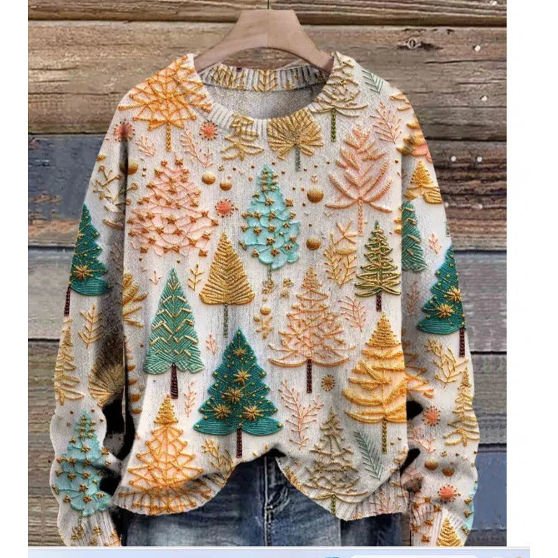Little Flower digital printed round neck sweater in polyester, shown on a hanger.