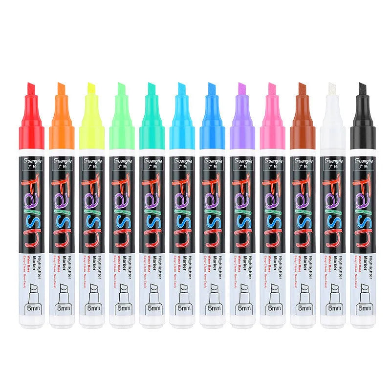 Electronic fluorescent plate highlighter pen with 6mm oblique tip and 8-colour refill set for whiteboards