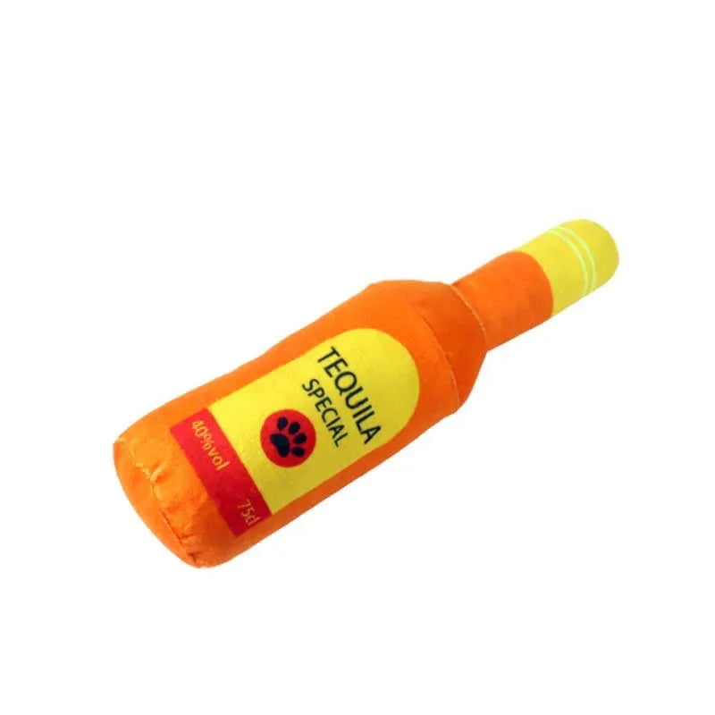 A plush fabric pet toy shaped like a wine bottle, shown in a green colour variant.