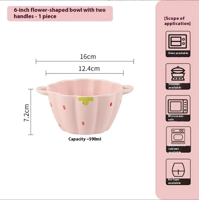 Porcelain dinnerware set with strawberry design showing plates, flower bowls, and twist spoon