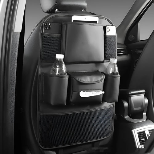 Leather car seat back storage bag in choice of four colours mounted behind vehicle seat