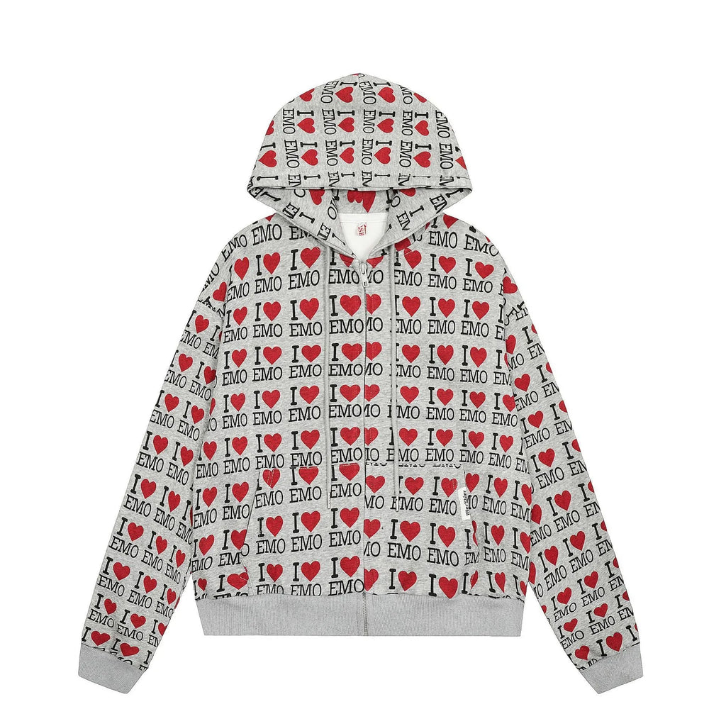 Women's melange grey cotton hooded cardigan with retro pattern and long sleeves