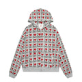Women's melange grey cotton hooded cardigan with retro pattern and long sleeves