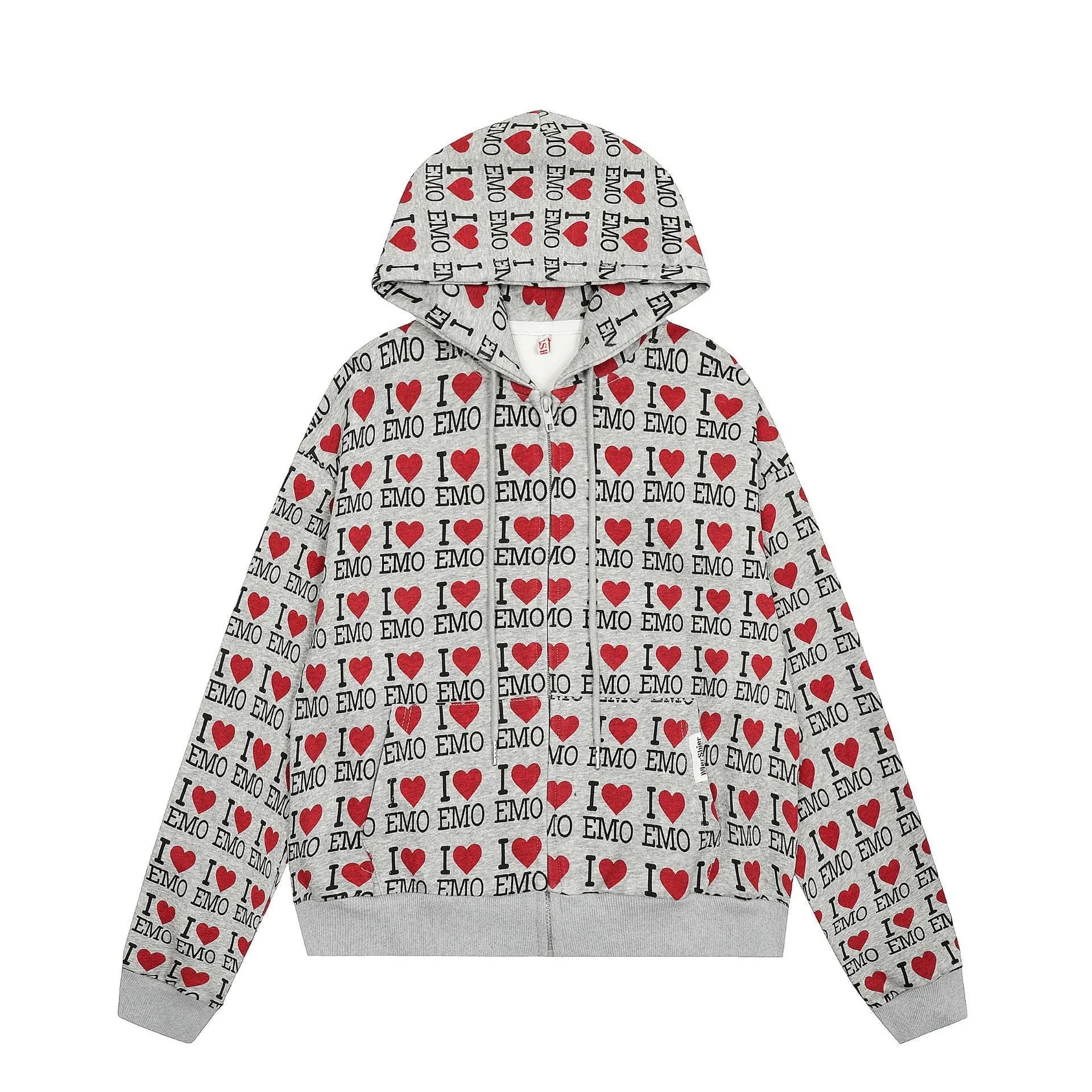 Women's melange grey cotton hooded cardigan with retro pattern and long sleeves