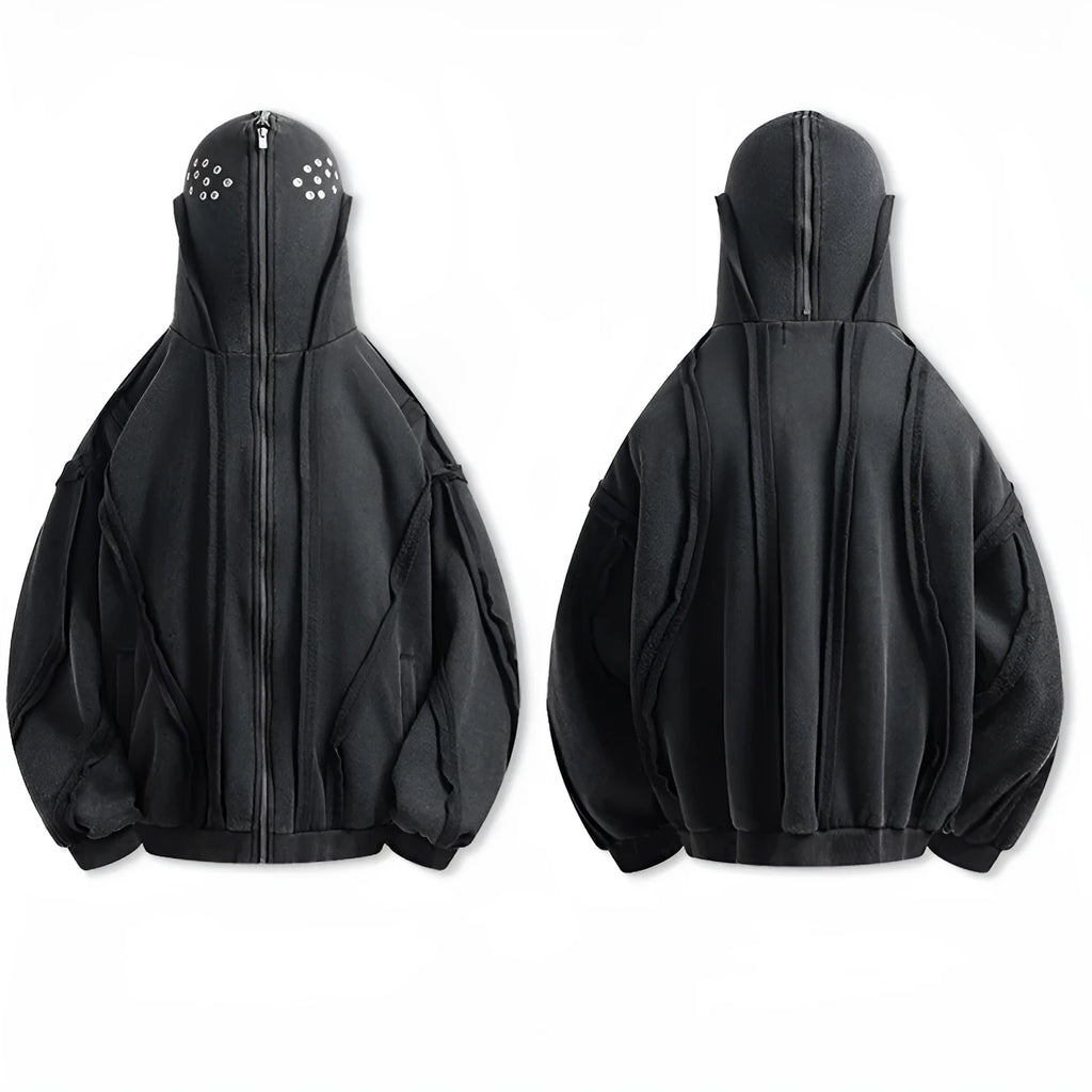 Black loose zip hooded cotton coat with abstract pattern and padding for autumn wear