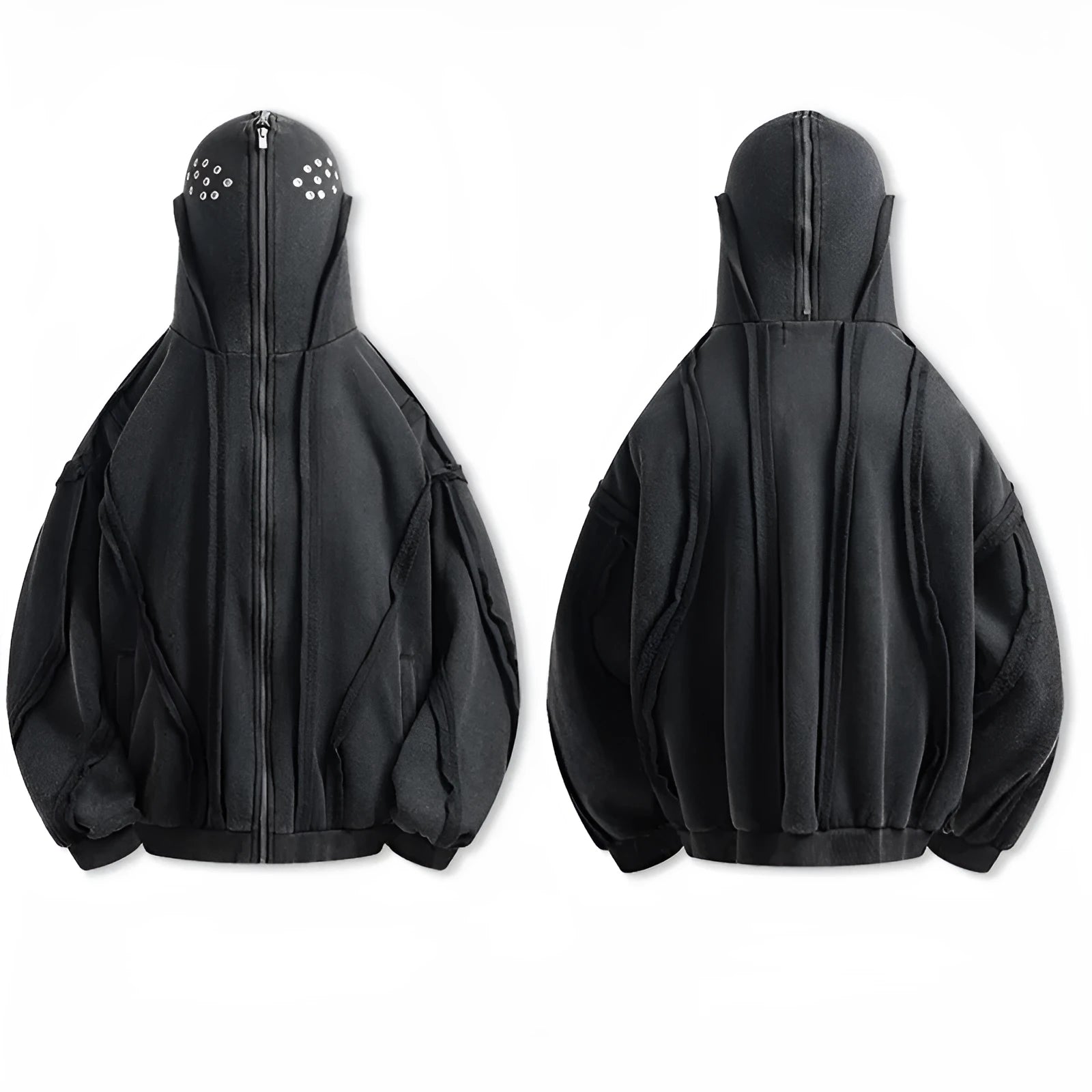 Black loose zip hooded cotton coat with abstract pattern and padding for autumn wear