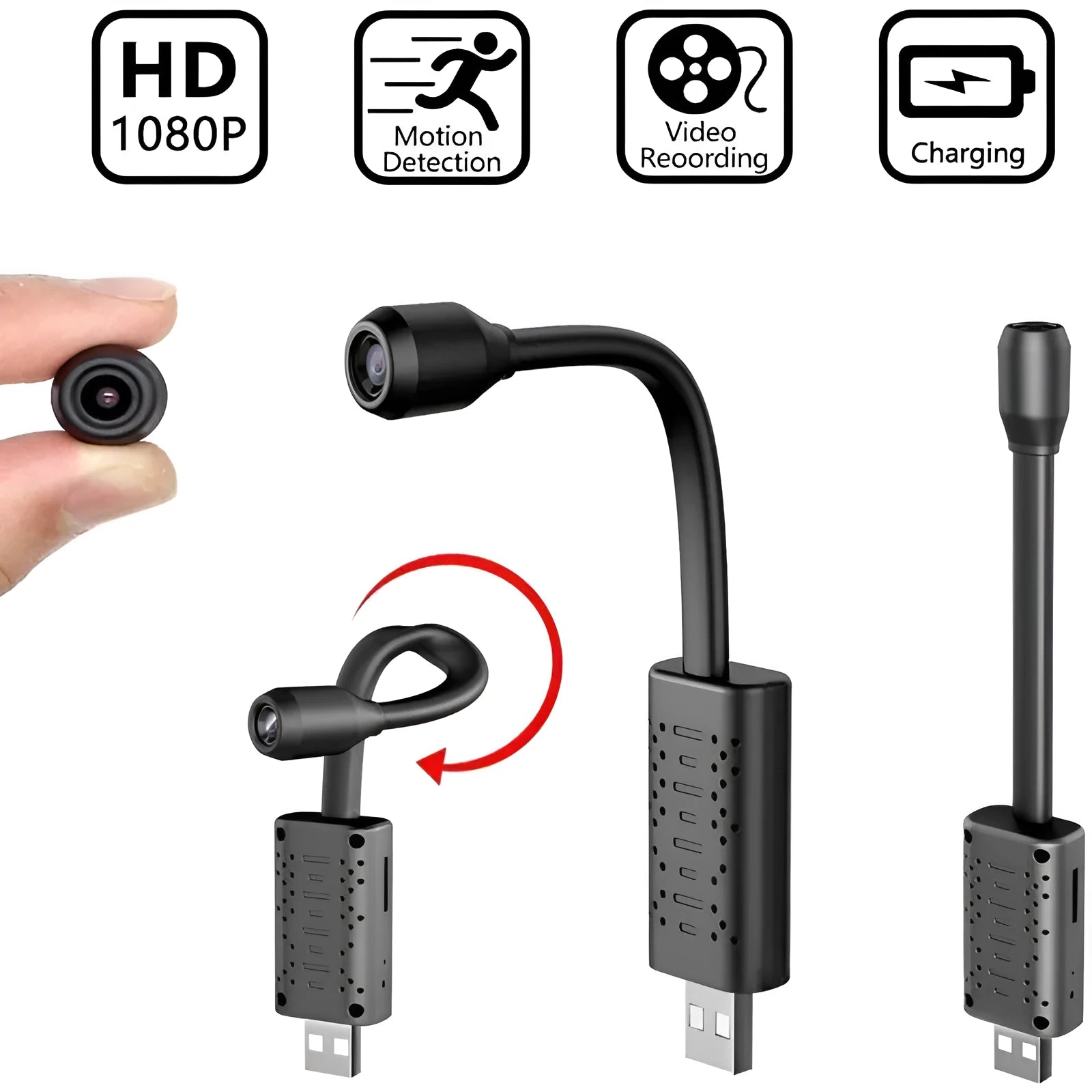 Black V380 wireless USB HD security camera showing compact design.