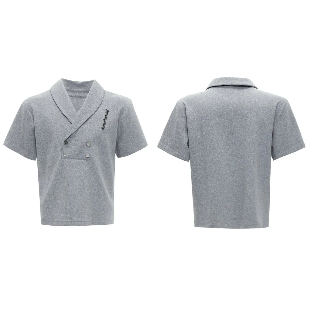 Men's dark gray V-neck cotton sports suit with metal embellishments on t-shirt and matching shorts