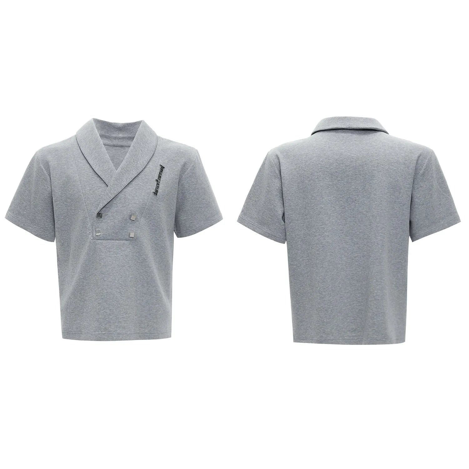 Men's dark gray V-neck cotton sports suit with metal embellishments on t-shirt and matching shorts