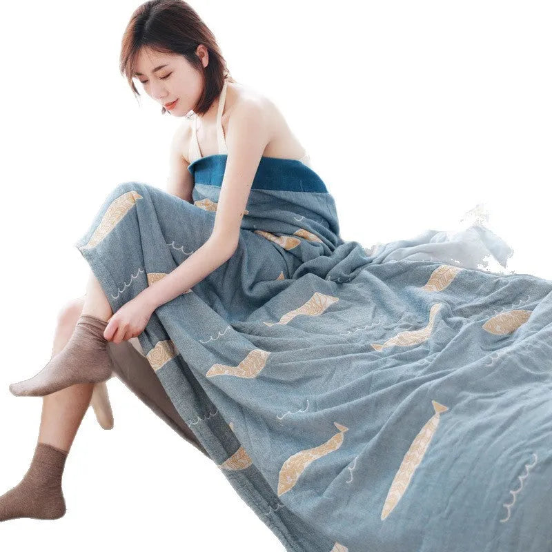 Pure cotton five-layer gauze bed sheet blanket in roulette wheel blue, showing modern simplicity pattern.