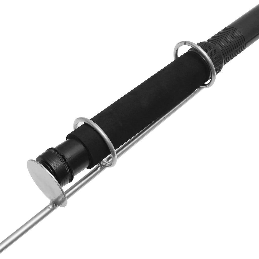 White LED fishing rod light with telescopic pole extended, showing remote control