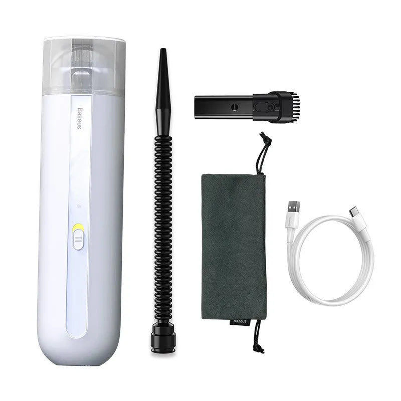 Baseus handheld wireless car vacuum cleaner in black, white, or green with blowing hose attachment
