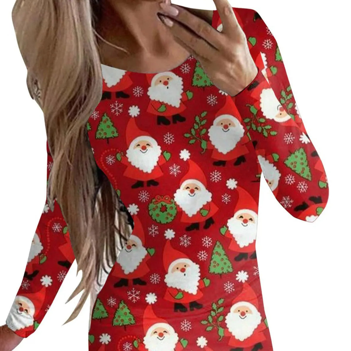 Animal print Christmas dress with round neck and long sleeves in floral pattern colours
