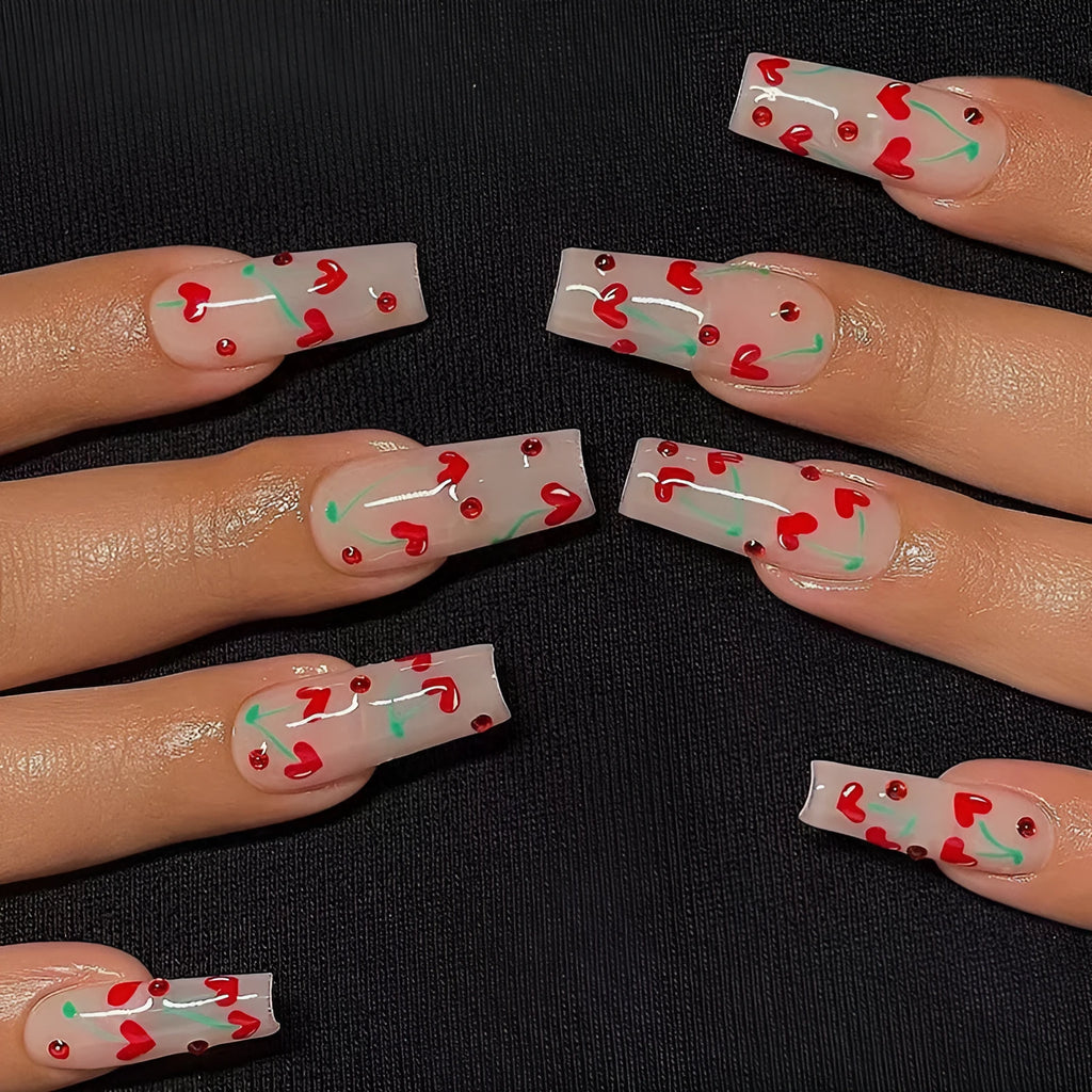 French Love nail decoration sheet with red diamond and cherry designs, 24 pieces with glue