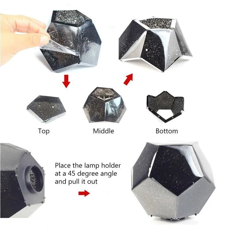LED star projector night light showing constellation projection on a bedroom ceiling