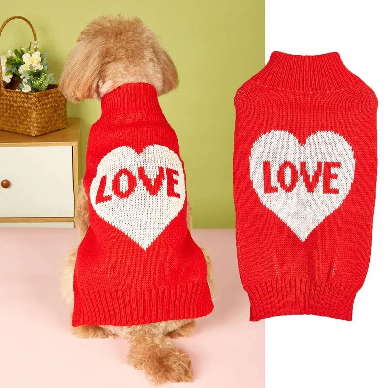 Red love heart motif dog sweater on small dog with bow decoration