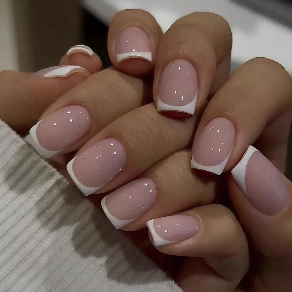 24 white plaid pattern coffin-shaped press-on nail tips