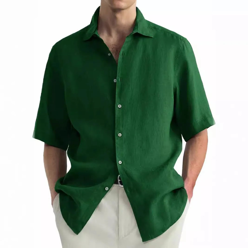 Men's green washed cotton casual shirt with cardigan-style button front in regular fit