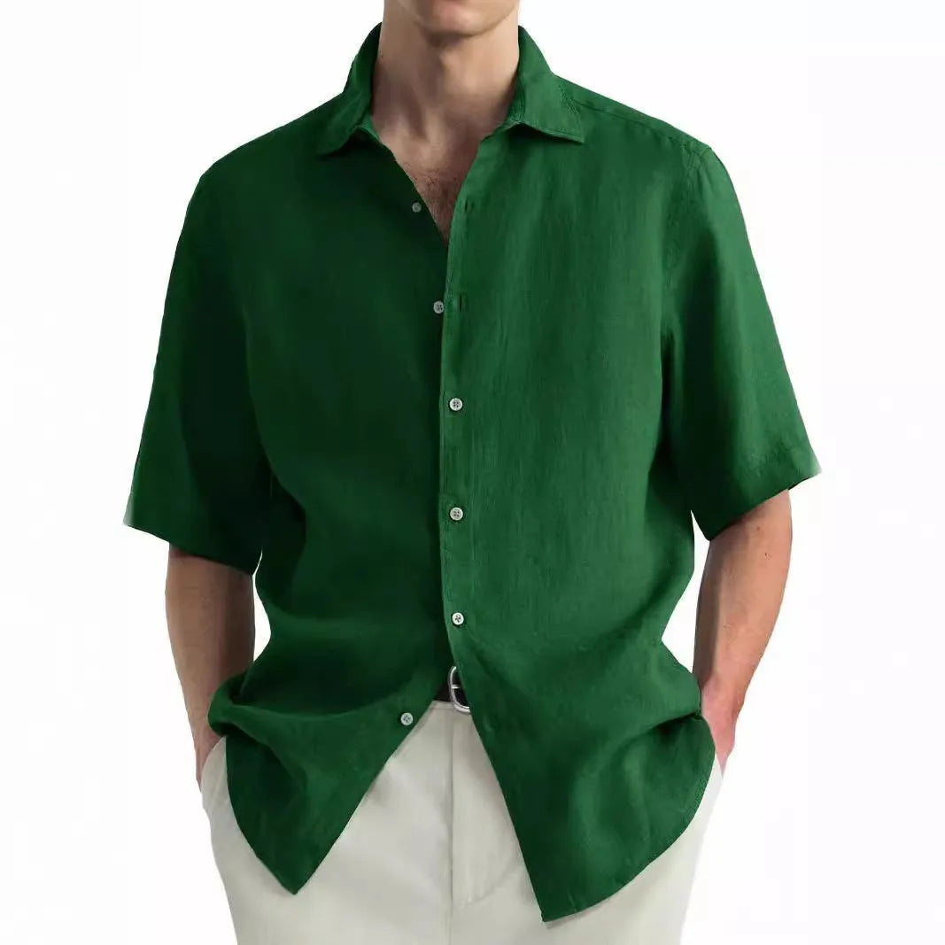 Men's green washed cotton casual shirt with cardigan-style button front in regular fit
