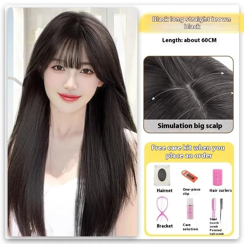 Forehead lace long straight black wig with side bangs in high temperature fibre material