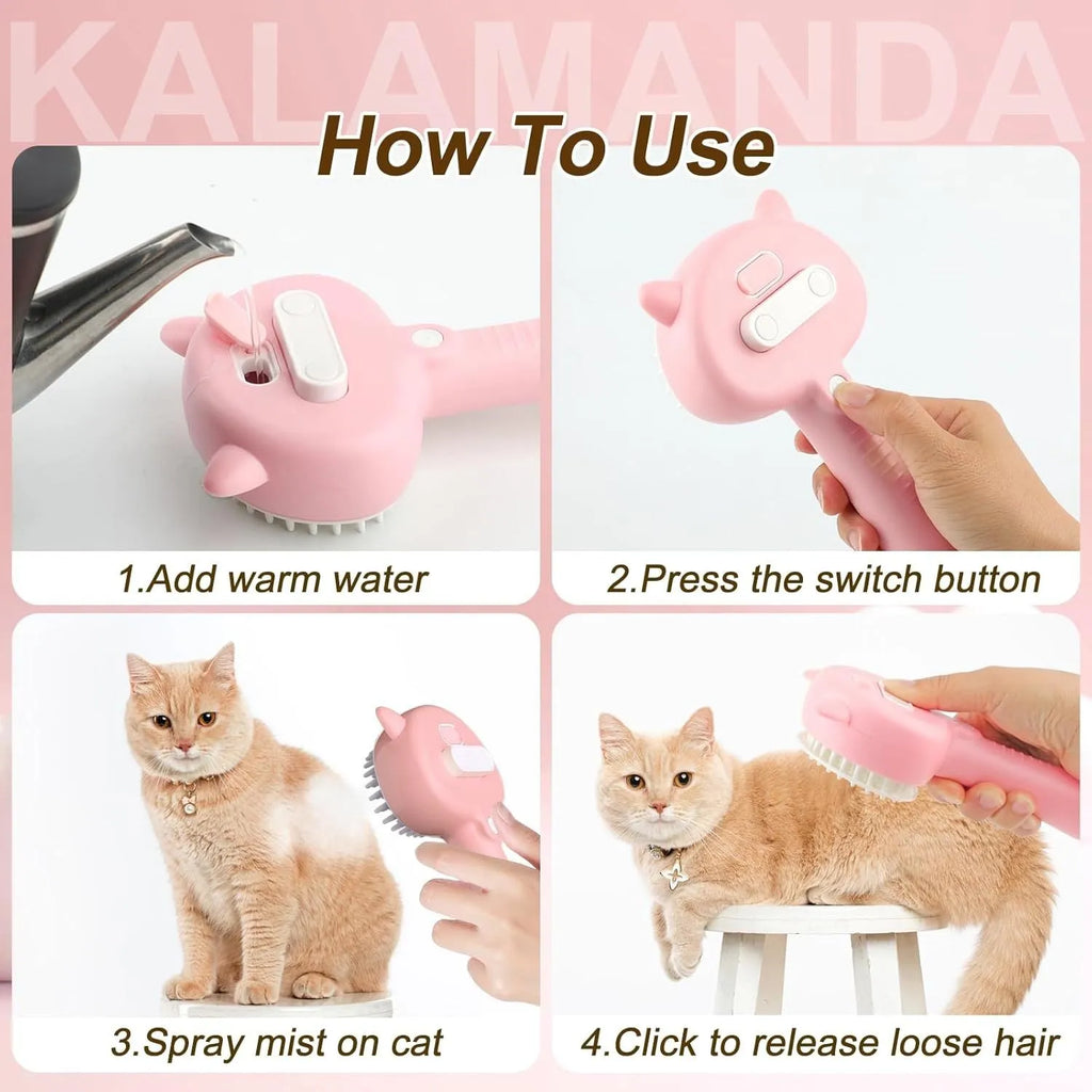 Blue cat steam brush with ergonomic handle, soft rubber bristles, and release button for pet grooming