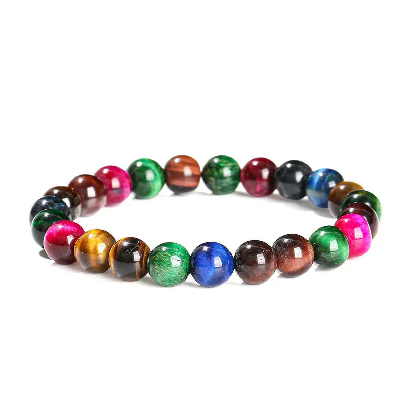 Women's colourful tiger eye stone bracelet with round beads on a string, showing size options.