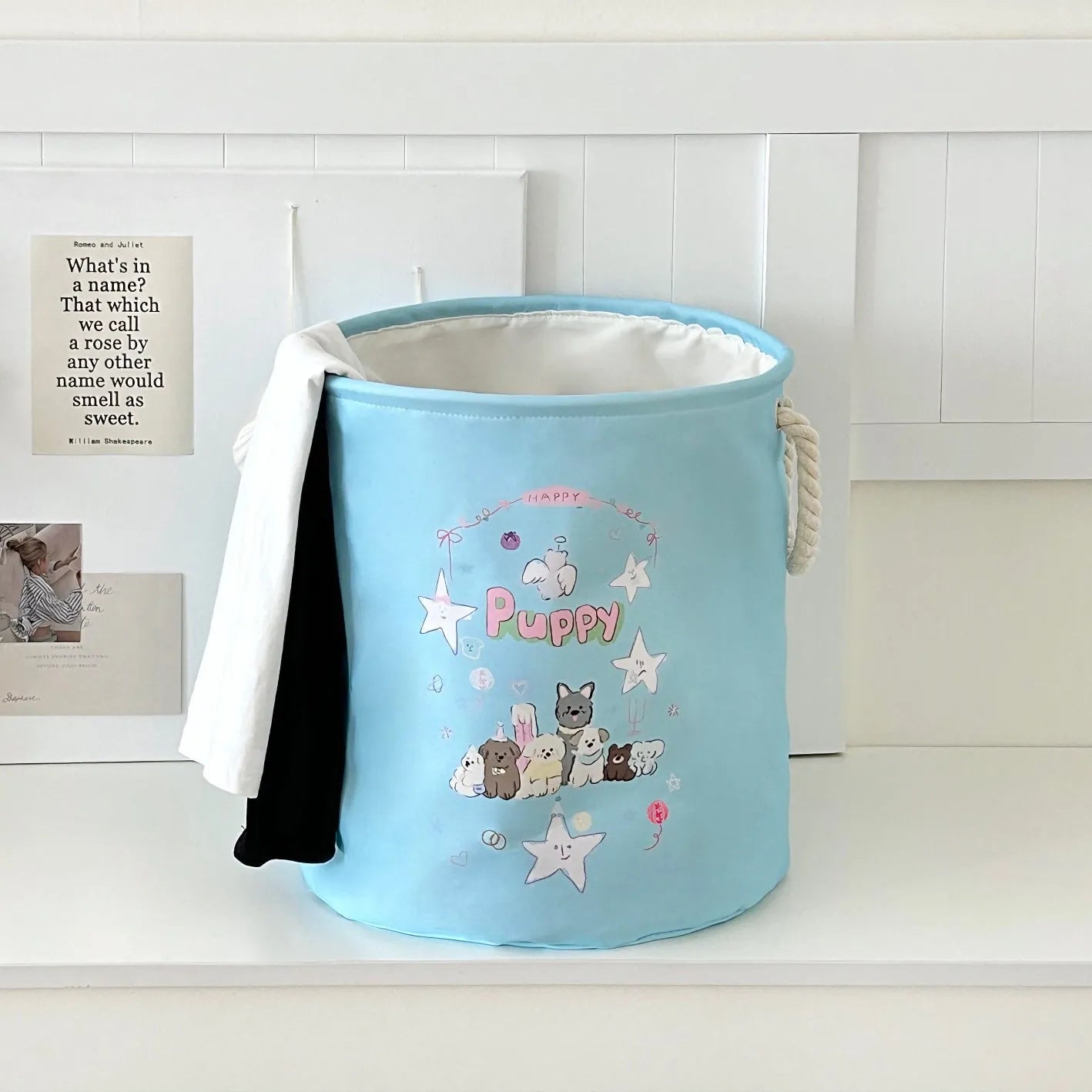 Foldable cotton cloth laundry basket in good night bear colour pattern showing large capacity design