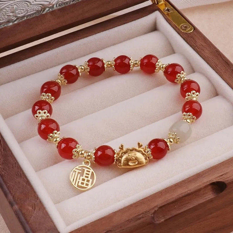 Women's floral glazed bracelet with zodiac animal beads in red, pink and white pearl colour options