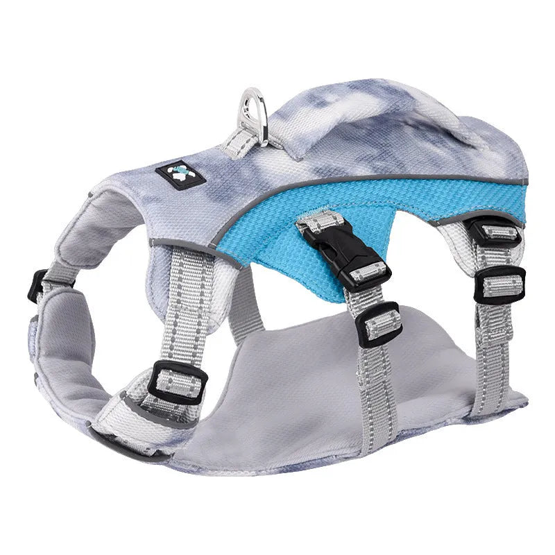 Reflective blue polyester chest strap harness for dogs on a lead, showing adjustable fit.