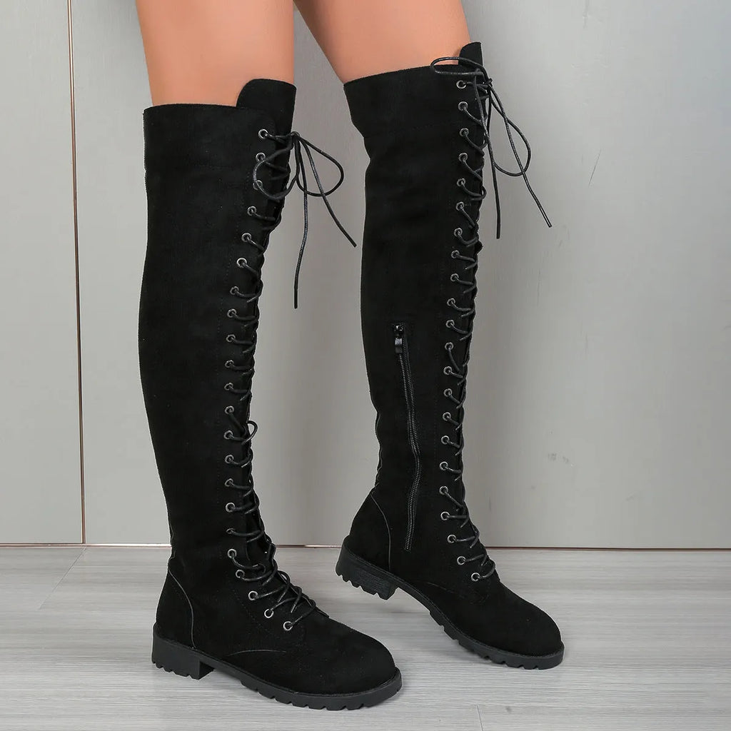 Lace-up over-the-knee boots with flat heel round toe in black brown khaki colours