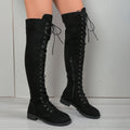 Lace-up over-the-knee boots with flat heel round toe in black brown khaki colours