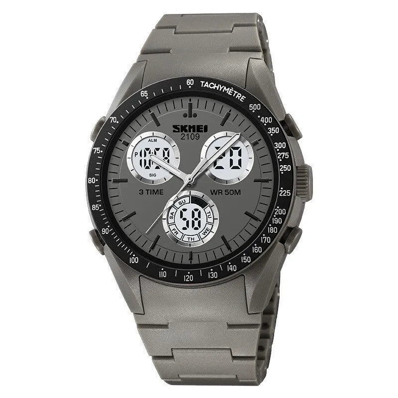 Electronic casual watch with camouflage patterned strap and resin mirror face, showing stainless steel button.